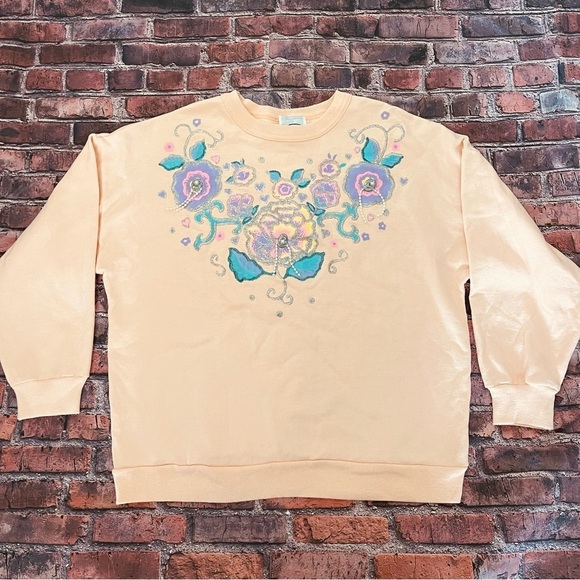 Vintage Variety Pastel Painted Beaded Pearl Sweatshirt M Coastal Grandma Peach - Picture 1 of 6